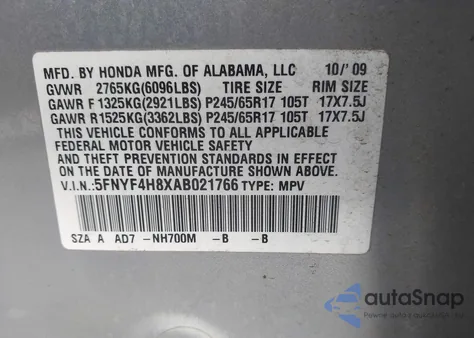 2010 Honda Pilot Touring from USA, damaged, VIN 5FNYF4H8XAB021766